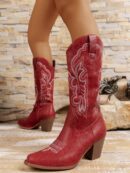 Botas de Vaquero Bordadas con Tacón Grueso y Punta Afilada