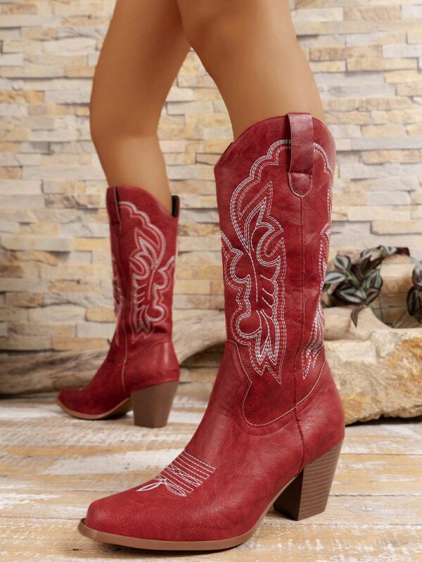 Botas de Vaquero Bordadas con Tacón Grueso y Punta Afilada - Image 12