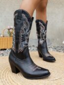 Botas de Vaquero Bordadas con Tacón Grueso y Punta Afilada