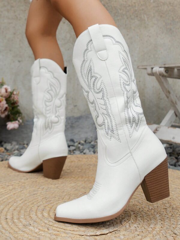 Botas de Vaquero Bordadas con Tacón Grueso y Punta Afilada - Image 3