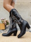 Botas de Vaquero Bordadas con Tacón Grueso y Punta Afilada