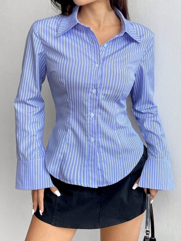 Camisa Casual a Rayas de Manga Larga con Cintura Ajustada - Image 6