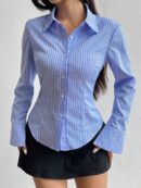 Camisa Casual a Rayas de Manga Larga con Cintura Ajustada