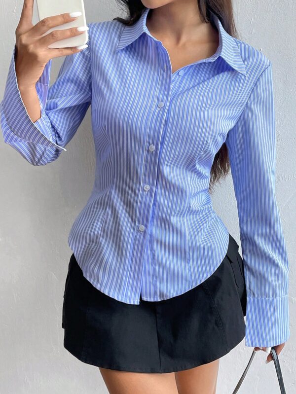 Camisa Casual a Rayas de Manga Larga con Cintura Ajustada - Image 5