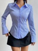 Camisa Casual a Rayas de Manga Larga con Cintura Ajustada