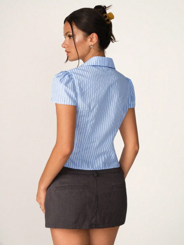 Camisa de Oficina Rayada con Cintura Fruncida y Manga Corta - Image 9