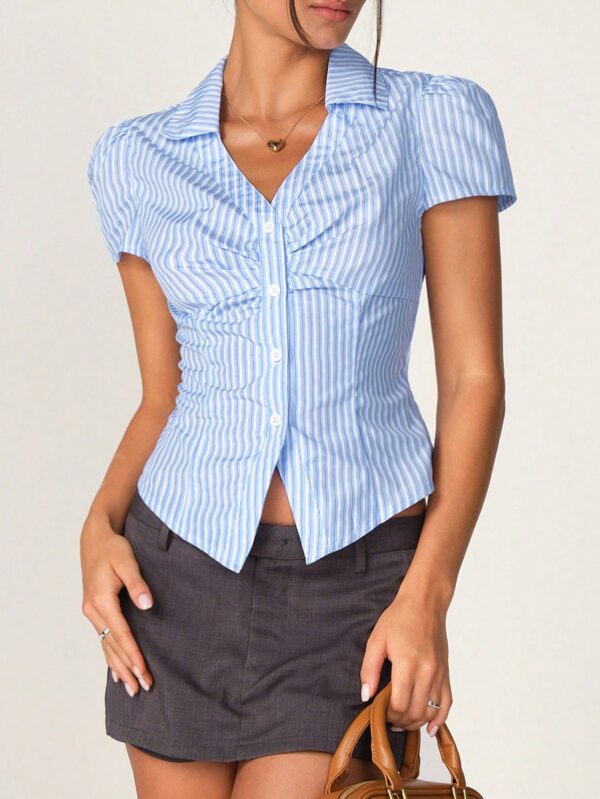 Camisa de Oficina Rayada con Cintura Fruncida y Manga Corta - Image 10