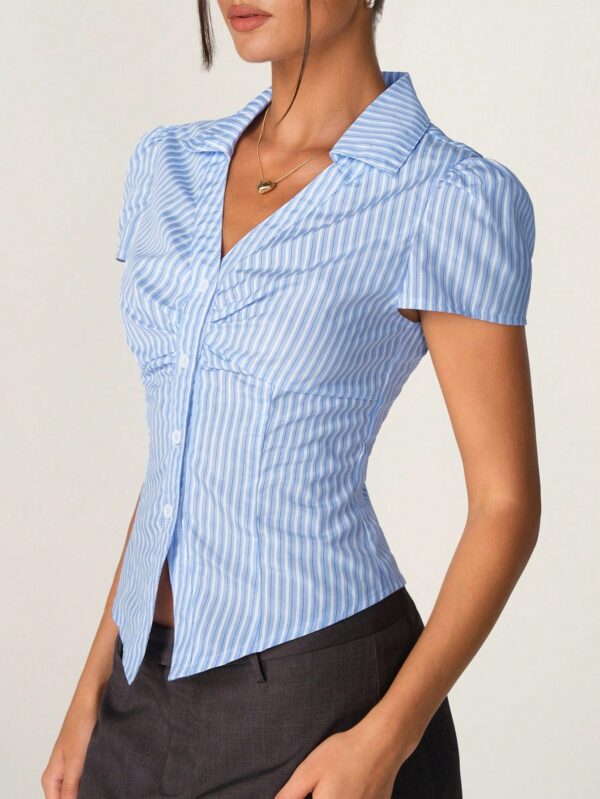 Camisa de Oficina Rayada con Cintura Fruncida y Manga Corta - Image 11