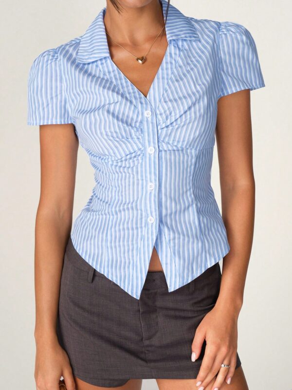 Camisa de Oficina Rayada con Cintura Fruncida y Manga Corta - Image 12
