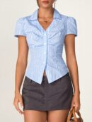 Camisa de Oficina Rayada con Cintura Fruncida y Manga Corta