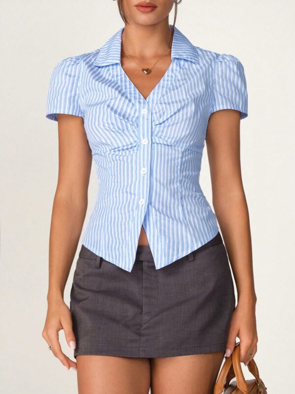 Camisa de Oficina Rayada con Cintura Fruncida y Manga Corta - Image 13
