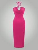 Vestido Largo Halter Sin Mangas con Espalda Descubierta y Abertura Lateral