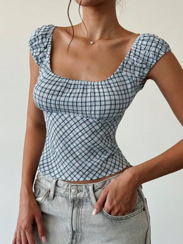 Blusa Casual a Cuadros con Volantes y Manga Corta - Image 3