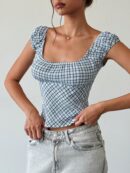 Blusa Casual a Cuadros con Volantes y Manga Corta