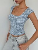 Blusa Casual a Cuadros con Volantes y Manga Corta