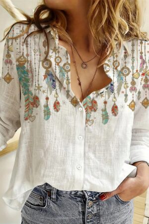 Blusa de Manga Larga con Estampado Boho Casual Primavera/Otoño