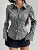 Camisa Casual a Rayas de Manga Larga con Cintura Ajustada