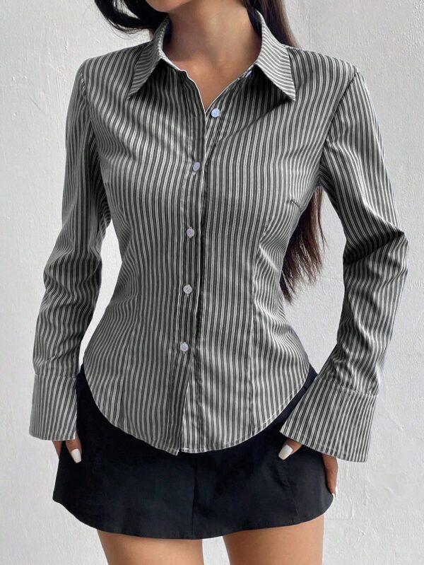 Camisa Casual a Rayas de Manga Larga con Cintura Ajustada - Image 7