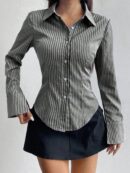 Camisa Casual a Rayas de Manga Larga con Cintura Ajustada