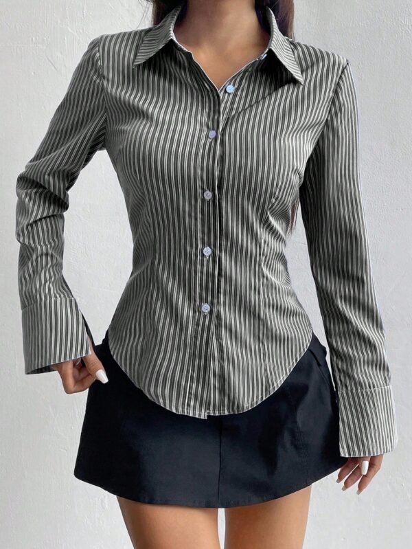 Camisa Casual a Rayas de Manga Larga con Cintura Ajustada - Image 9