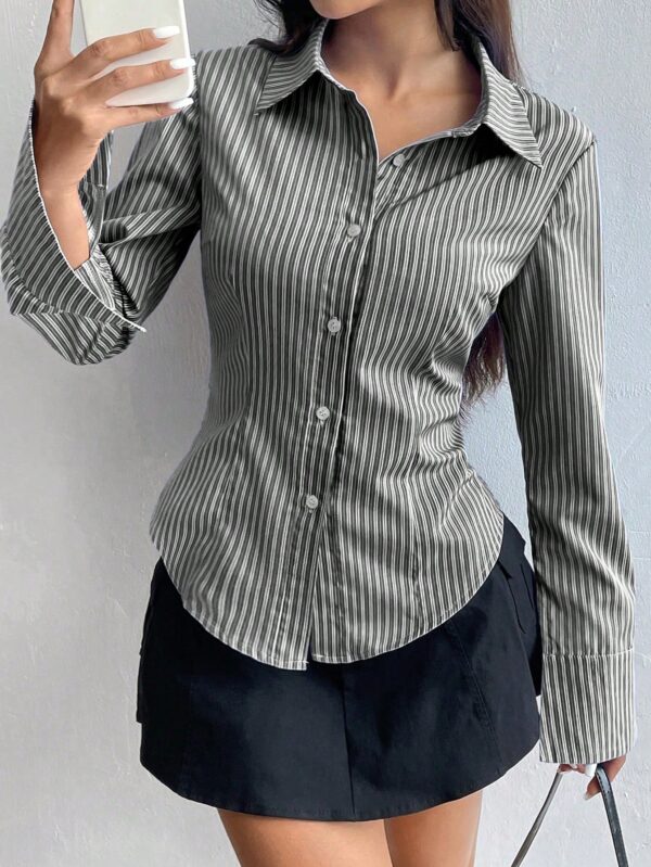 Camisa Casual a Rayas de Manga Larga con Cintura Ajustada - Image 11