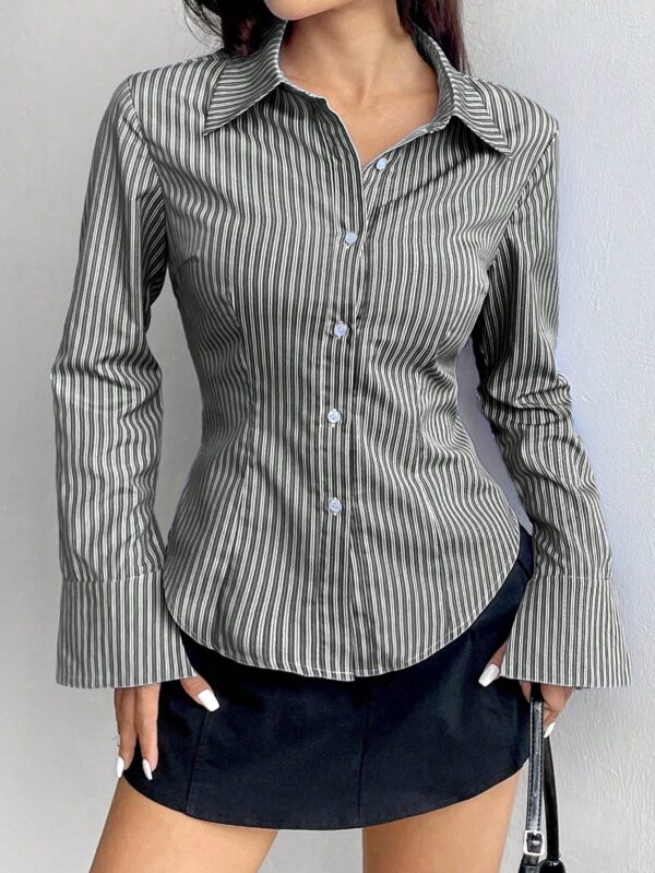 Camisa Casual a Rayas de Manga Larga con Cintura Ajustada - Image 12