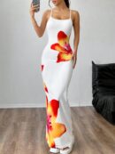 Vestido Largo Elegante con Estampado Floral y Tirantes Delgados