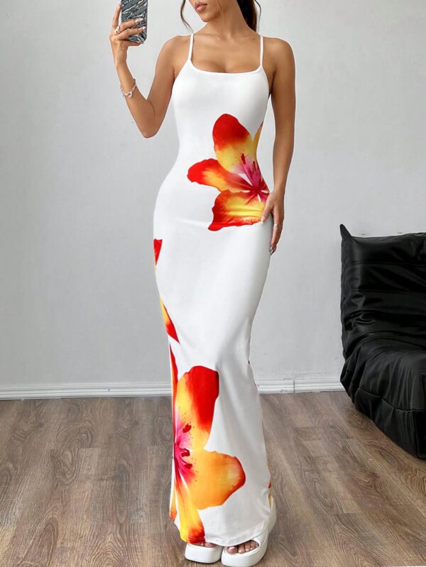 Vestido Largo Elegante con Estampado Floral y Tirantes Delgados - Image 8