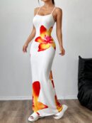 Vestido Largo Elegante con Estampado Floral y Tirantes Delgados