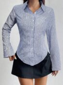 Camisa Casual a Rayas de Manga Larga con Cintura Ajustada