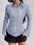 Camisa Casual a Rayas de Manga Larga con Cintura Ajustada