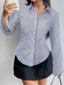 Camisa Casual a Rayas de Manga Larga con Cintura Ajustada