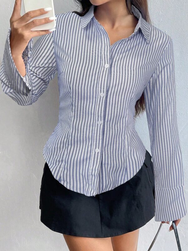 Camisa Casual a Rayas de Manga Larga con Cintura Ajustada - Image 16