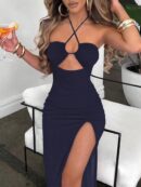 Vestido Largo Halter Sin Mangas con Espalda Descubierta y Abertura Lateral