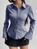 Camisa Casual a Rayas de Manga Larga con Cintura Ajustada