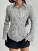 Camisa Casual a Rayas de Manga Larga con Cintura Ajustada