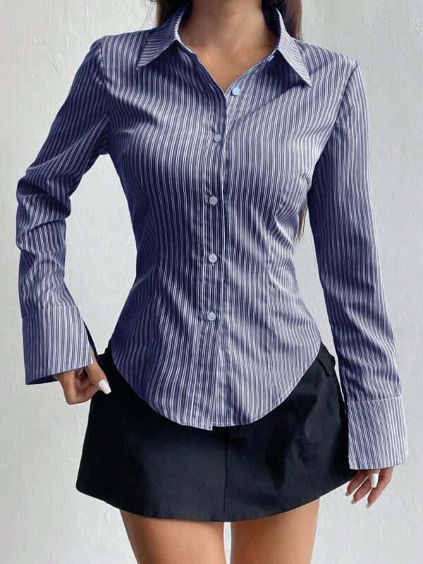 Camisa Casual a Rayas de Manga Larga con Cintura Ajustada - Image 21