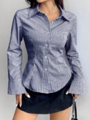 Camisa Casual a Rayas de Manga Larga con Cintura Ajustada