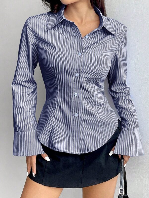 Camisa Casual a Rayas de Manga Larga con Cintura Ajustada - Image 22