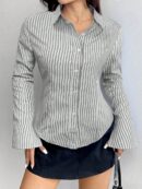 Camisa Casual a Rayas de Manga Larga con Cintura Ajustada