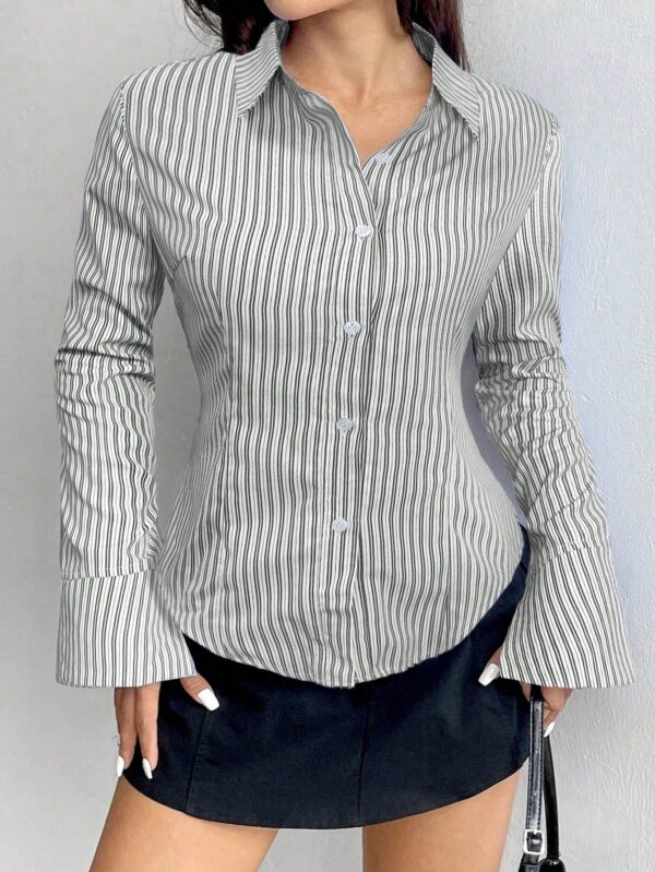 Camisa Casual a Rayas de Manga Larga con Cintura Ajustada - Image 28