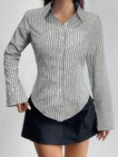 Camisa Casual a Rayas de Manga Larga con Cintura Ajustada