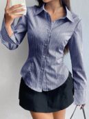 Camisa Casual a Rayas de Manga Larga con Cintura Ajustada