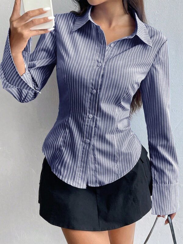 Camisa Casual a Rayas de Manga Larga con Cintura Ajustada - Image 24