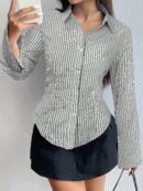 Camisa Casual a Rayas de Manga Larga con Cintura Ajustada