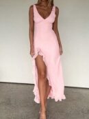 Vestido de Verano con Escote V, Detalles Fruncidos y Abertura