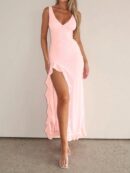 Vestido de Verano con Escote V, Detalles Fruncidos y Abertura