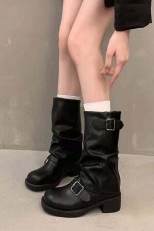 Botas Negras de Estilo Occidental con Hebilla y Suela Gruesa