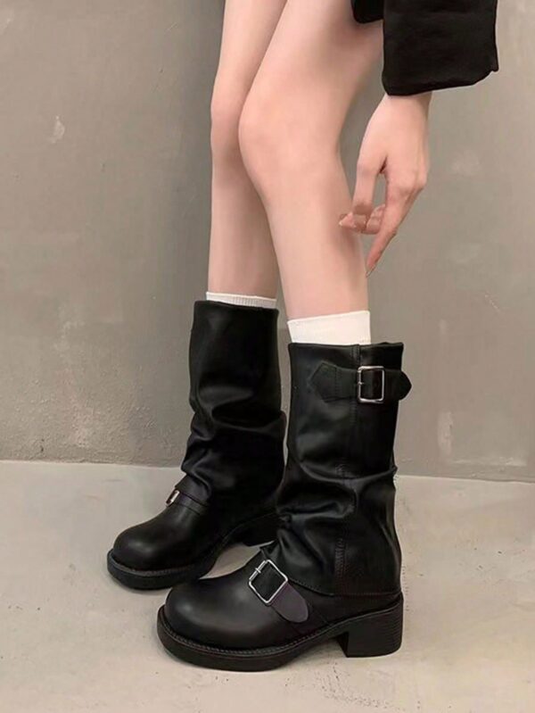 Botas Negras de Estilo Occidental con Hebilla y Suela Gruesa