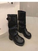Botas Negras de Estilo Occidental con Hebilla y Suela Gruesa